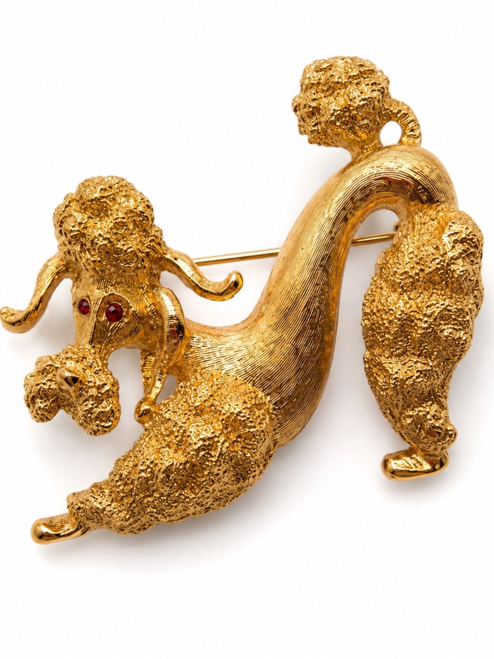 Signed Monet Gold Tone Poodle Dog Brooch Red Rhinestone Eyes Vintage 2”